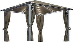 vidaXL - Prieel - met - gordijn - en - LED-lichtslinger - 3x3 - m - aluminium - taupe
