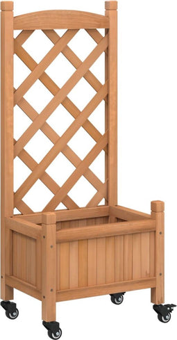 vidaXL - Plantenbak - met - latwerk - en - wielen - massief - vurenhout - bruin