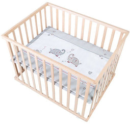 Babybox op wielen - ROBA - Jumbotwins - In hoogte verstelbaar - Boxmat inbegrepen - Natuurlijk massief hout - Olifantpatroon