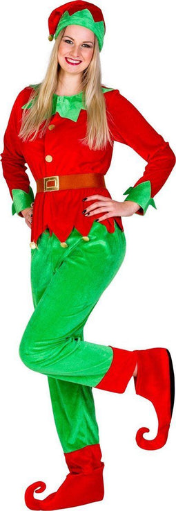 Dressforfun - Vrouwenkostuum Kerstelf - Shirt met Lange Mouwen Broek Gordel Muts Schoenovertrekken - Groen