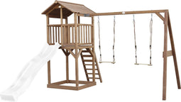 AXI Beach Tower Speeltoestel in Bruin - Speeltoren met Dubbele Schommel, Witte Glijbaan en Zandbak - FSC hout - Speelhuis op palen voor de tuin