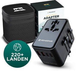 Remodius® Wereldstekker - Universele Reisadapter - 220+ landen - 2x USB-C & 2x USB-A - Type D plug slider - Snellader
