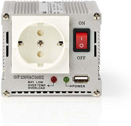 Nedis Omvormer Gemodificeerde Sinusgolf - Ingangsvoltage: 24 V DC - Apparaat stroomoutput: Type F (CEE 7/3) / USB-A - 230 V AC 50 Hz - 300 W - Piekvermogen: 600 W - Accuklemmen + Aansteker - Zilver