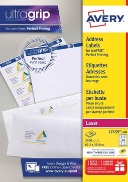 Avery L7159, Adresetiketten, Laser, Ultragrip, wit, 100 vellen, 24 per vel, 63,5 x 33,9 mm