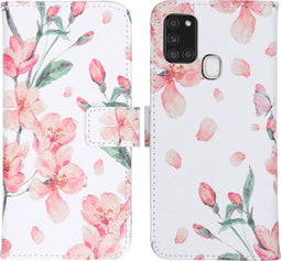 iMoshion Hoesje Geschikt voor Samsung Galaxy A21s Hoesje Met Pasjeshouder - iMoshion Design Softcase Bookcase - Wit / Roze / Blossom Watercolor