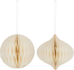 J-Line hanger Kerstmis Bal - papier - creme/wit - large - 2 stuks