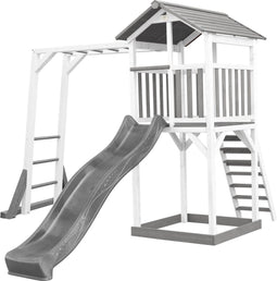 AXI Beach Tower Speeltoestel in Grijs/Wit - Speeltoren met Klimrek, Grijze Glijbaan en Zandbak - FSC hout - Speelhuis op palen voor de tuin