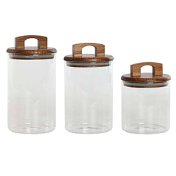 Set van 3 Potjes Home ESPRIT Bruin Transparant Acacia Borosilicaatglas 650 ml 900 ml 1 L 3 Onderd...