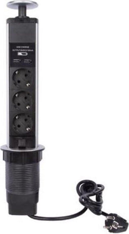 Perel Pop-upstekkerdoos - 3 stopcontacten type F - 2 USB-poorten - zwart/grijs