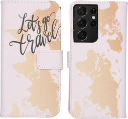 iMoshion Hoesje Geschikt voor Samsung Galaxy S21 Ultra Hoesje Met Pasjeshouder - iMoshion Design Softcase Bookcase - Wit / Meerkleurig / Goud / Let's Go Travel White