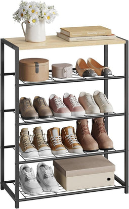 WOLTU Organizer schoenenrek - 4 niveaus - licht eiken en zwart - 63 x 83 x 30 cm