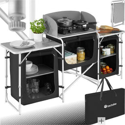 tectake® Campingkeuken 172x52x104cm - Opvouwbaar - Hittebestendig met windscherm - Zwart