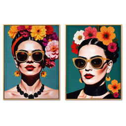 Schilderij Home ESPRIT Turkoois Blommor Coating 52,5 x 3 x 72,5 cm (2 Stuks)