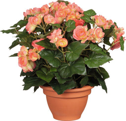 Zalmroze Begonia kunstplant met bloemen 37 cm in terracotta pot - Kunstplanten/nepplanten - Voor binnen
