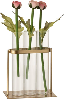 J-Line vaas 3 Tubes - metaal/glas - goud - 11 cm hoog