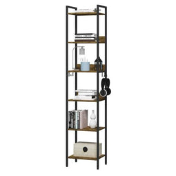 Woltu Industriële Boekenkast 6 Planken met 4 Verwijderbare Haken - Hout en Metaal - 40 x 30 x 187 cm