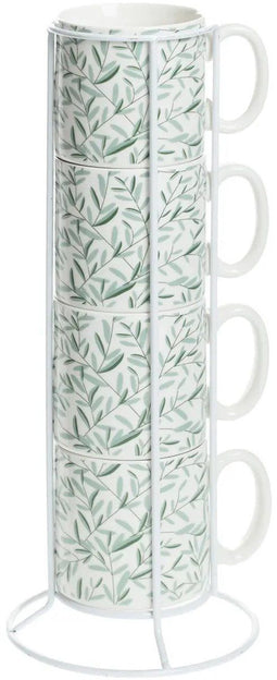 Secret de Gourmet Koffie mokken/bekers Botanic - lichtgroen - 4x stuks in rekje - Keramiek - glans afwerking - 240 ml - 7 x 8 cm