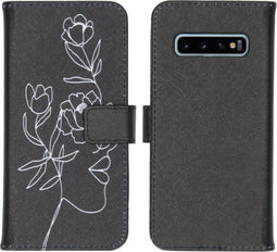 iMoshion Hoesje Geschikt voor Samsung Galaxy S10 Hoesje Met Pasjeshouder - iMoshion Design Softcase Bookcase - Wit / Zwart / Woman Flower Black