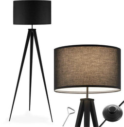 tectake® Vloerlamp Lunaris - Staande lamp 3-poot - 158 cm hoog - Linnenlook kap - Voetschakelaar - Zwart