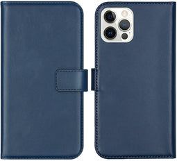 Selencia iPhone 12 (Pro) - Echt Lederen Bookcase - 3 Pashouders - Blauw