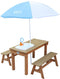 AXI Dennis Zand & Water Picknicktafel met Speelkeuken, Wastafel en losse bankjes in Bruin - Met Parasol in Blauw/Wit - Incl. 17-delige accessoire-set