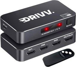 Drivv. HDMI Switch 4K 60Hz - 3 ingangen 1 uitgang - Afstandsbediening - Automatisch schakelen - Zwart