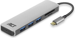 ACT AC7050 - USB-C Hub - 3x USB-A - Kaartlezer - PD Pass-Through - Grijs
