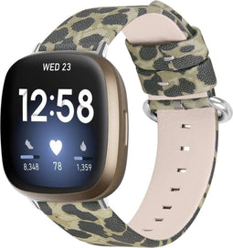 Leren Bandje Geschikt Voor Fitbit Versa 3, Sense - Leopard - Army Groen
