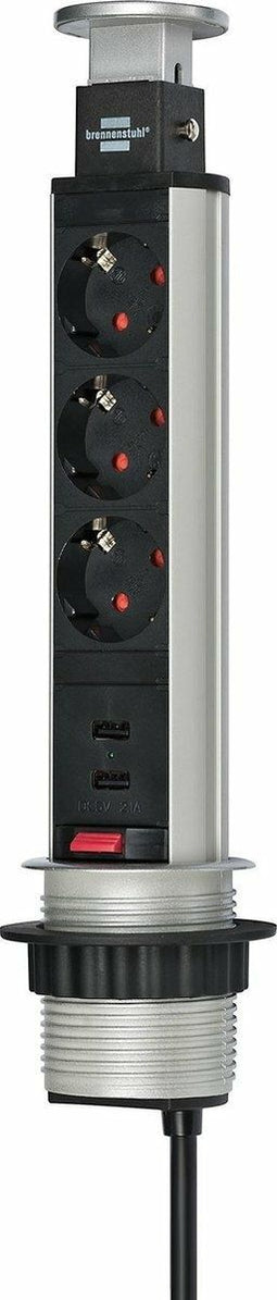 Brennenstuhl Tower Power - 3-weg tafelstekkerdoos met 2-poorts USB-oplader - Zwart/Zilver