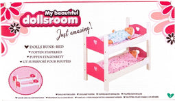 My Beautiful Dollsroom - Houten Poppen-Stapelbed - 54 x 29 x 43 cm - Roze/Wit
