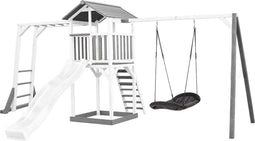 AXI Beach Tower Speeltoestel in Grijs/Wit - Speeltoren met Klimrek, Enkele Schommel, Witte Glijbaan en Zandbak - FSC hout - Speelhuis op palen voor de tuin