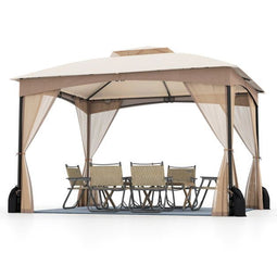 Coast Paviljoen Khaki – 3 x 3,6 m Tuinpaviljoen met Dubbel Dak, Gaaswanden en Zandzakken – 365 x 300
