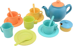 Jouéco - Thee Set Bioplastic 17-delig - Inclusief theepot en kopjes - Blauw Oranje Groen (17 stuks)