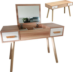 Kaptafel make up visagie bureau met inklapbare spiegel en 2 lades bruin