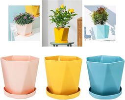 Set van 3 kunststof plantenpotten met schotel - 14.5 cm - Roze, Geel, Blauw