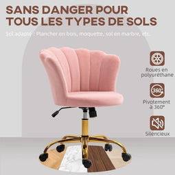HOMCOM Bureaustoel - Verstelbaar - Fluweel roze - 69 x 64 x 90 cm