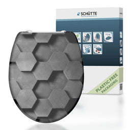 SCHÜTTE WC-Bril 82392 GREY HEXAGONS - Duroplast - Soft Close - Afklikbaar - RVS-Scharnieren - Belastbaar tot 175 kg - Decor - 3-zijdige Print
