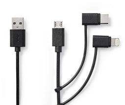 Nedis CCGP60620BK10 - Oplaadkabel - USB-Micro-B met Lightning en USB-C adapter - Zwart