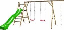 Swingking Houten Schommel Noortje | Schommelset met Glijbaan, Dubbele Schommel en Klimtouw | Schommel voor Buiten in de Tuin | FSC Hout - Glijbaan Appelgroen