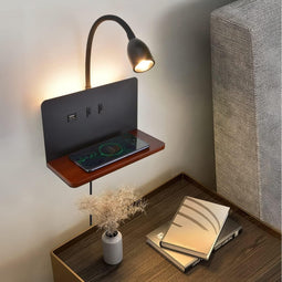 Wandlamp met stekker, 1,5 m kabel, USB + 15W draadloze oplader, flexibele zwanenhals leeslamp, 3 kle