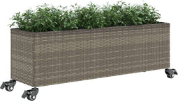 vidaXL - Plantenbak - met - wielen - 3 - potten - 107x32x38 - cm - poly - rattan - grijs