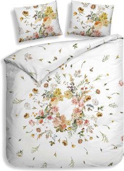 Heckettlane Dekbedovertrek Tuva - Bedlinnen met Bloemen print - 200x220 - Wit - Dekbedhoes van 100% Katoen-Clip Sheared