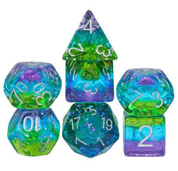 HOT Games Aurora - Dobbelstenen Set - 7 delig met glitters - Groen Blauw Paars