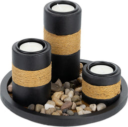 Waxinelichthouders - dienblad en steentjes - Ø 19,5 cm - zwart