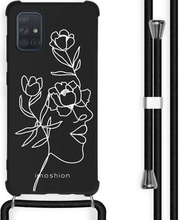 iMoshion Hoesje Geschikt voor Samsung Galaxy A71 Hoesje Met Koord - iMoshion Design Hoesje met Koord - Wit / Zwart / Woman Flower Black