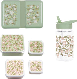 A Little Lovely Company Back to school set - Drinkfles/4 Snackdozen/Lunchbox - Bloesems saliegroen