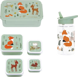 A Little Lovely Company Back to school set - Drinkfles/ 4 Snackdozen/Bentobox - Bosvriendjes - Saliegroen