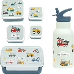 A Little Lovely Company Back to school set - Drinkfles RVS/4 Snackdozen/Bentobox - Voertuigen