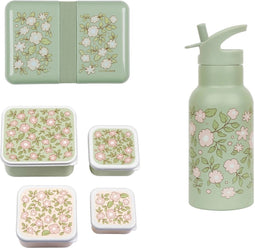 A Little Lovely Company Back to school set - Drinkfles RVS/4 Snackdozen/Lunchbox - Bloesems - Saliegroen