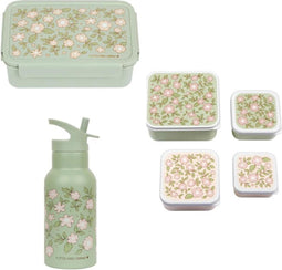 A Little Lovely Company Back to school set - Drinkfles RVS/4 Snackdozen/Bentobox - Bloesems Saliegroen